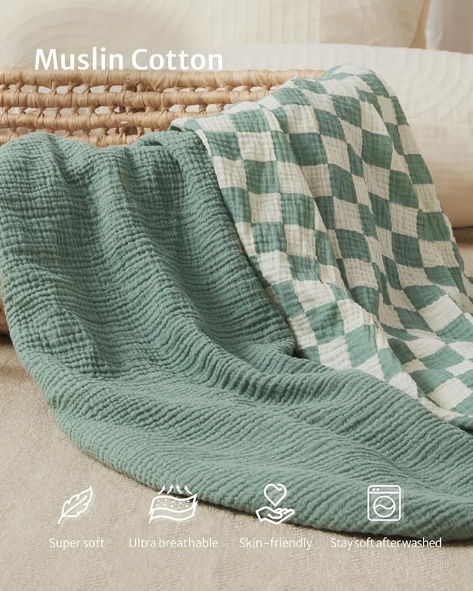 Blissful Diary Muslin Bassinet Sheets for Baby Girls Boys, Boho Soft Cotton Fitted for Oval Hourglass Rectangle Mattress, 2 Pack(Sage Checkboard & Sage Green)