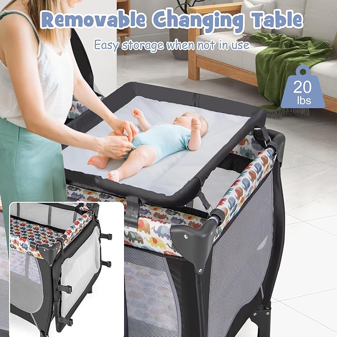 BABY JOY 4 in 1 Pack and Play, Portable Baby Playard with Bassinet, Adjustable Canopy, Changing Table, Lockable Wheels, Music Box, Travel Baby Crib Bassinet from Newborn to Toddler