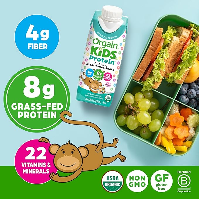 Orgain Organic Kids Nutritional Protein Shake, Fruity Cereal - Kids Snacks with 8g Dairy Protein, 22 Vitamins & Minerals, Fruits & Vegetables, Gluten Free, Soy Free, Non-GMO, 8.25 Fl Oz, (Pack of 24)