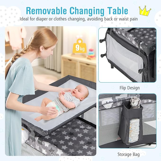 BABY JOY 4 in 1 Pack and Play, Portable Baby Playard with Bassinet, Adjustable Canopy, Changing Table, Lockable Wheels, Glowing Music Box, Travel Baby Crib Bassinet Bed from Newborn to Toddler