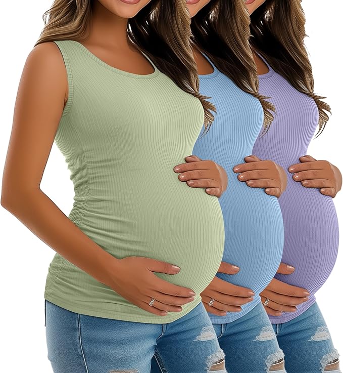 Riyiper 3 Pack Women's Maternity Tank Tops, Sleeveless Cotton Pregnancy Shirts Ribbed Knit Sides Ruched Basic Mama Clothes
