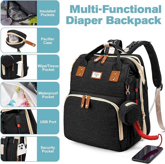Diaper Bag Backpack, Large Waterproof Lightweight Diaper Bag with Changing Station, Insulated Pockets, USB Port, Travel Bag for Mom and Dad (Black)