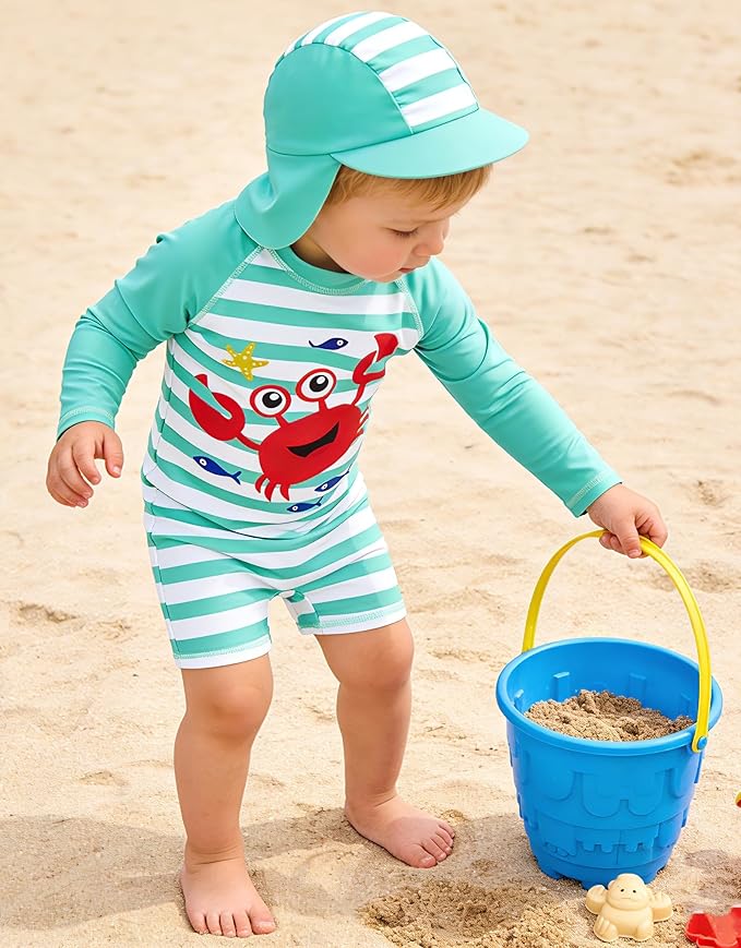 ADUKIDE Baby Boys Swimsuit Summer Beach Rash Guard Swimwear One Piece Sunsuit with Sun Hat 3-24 Months