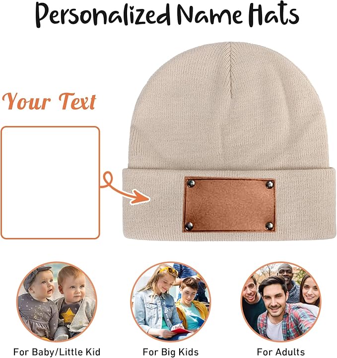 Personalized Name Baby Beanie Hat Leather Patch - Apricot Beanies Knit Hat Birthday Gifts for Kids Toddler to Adults