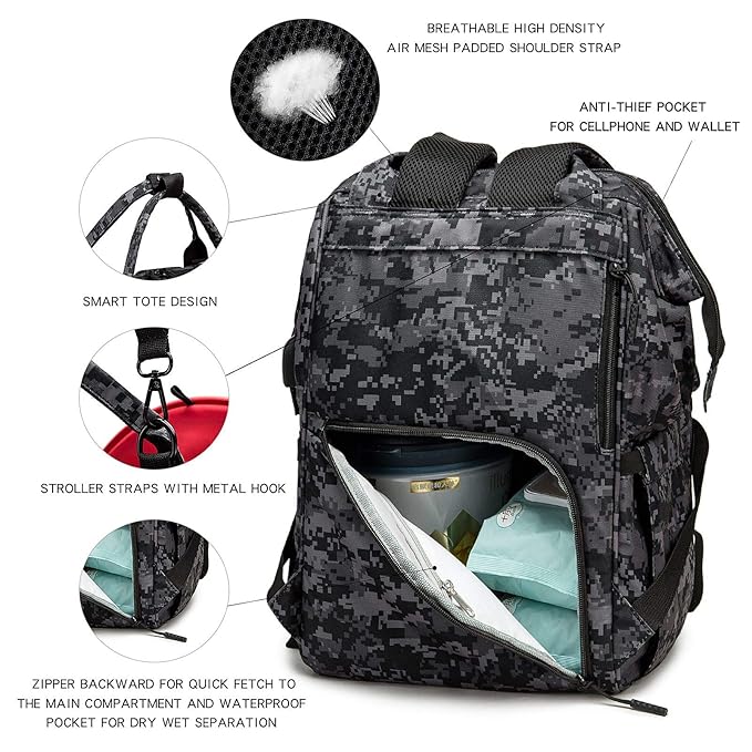 Diaper Bag Backpack with USB Charging Port Stroller Straps and Insulated Pocket,army military Travel Nappy Backpack for Dad/Mom (Black Camo)