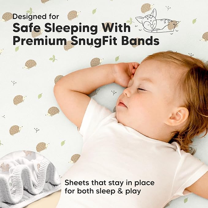 Pack and Play Sheets Fitted - 2-Pack Mini Crib Sheets for Pack N Play Mattress 38x26, Soft & Cozy, Neutral Toddler Playard Bedding, Snug Fitted Mini Baby Crib Mattress Cover Boy, Girl (Nibbles/Bruce)