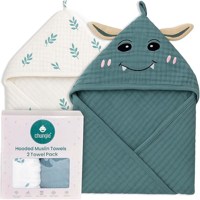Chungie Soft Muslin Hooded Baby Towels 32x32 inches – 100% Cotton, 6-Layer Breathable Newborn Bath Towels with Hood, Pack of 2 (Printed + Embroidered)