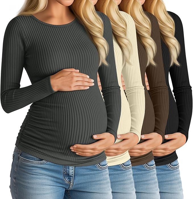 Huukeay 4 Pack Women's Maternity Shirts, Long Sleeve Cotton Ribbed Pregnancy Tops Side Ruched Crew Neck Casual Mama Clothes