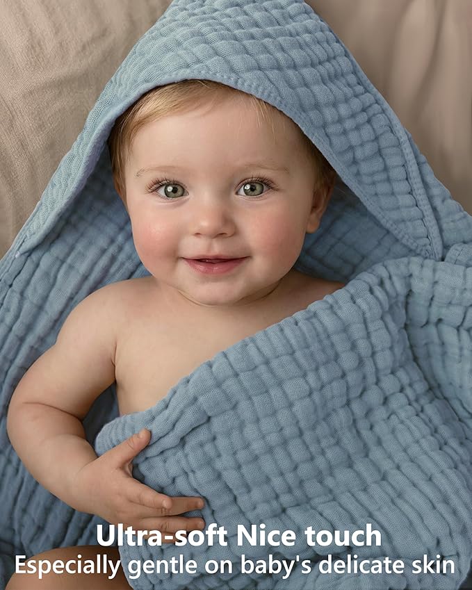 Baby Bath Towels, 100% Muslin Cotton Hooded Baby Towels for Newborn, 2 Pack Baby Towels with Hood for Infant Toddler and Kids, Large 32x32Inch Unisex Bath Essentials, Soft and Absorbent
