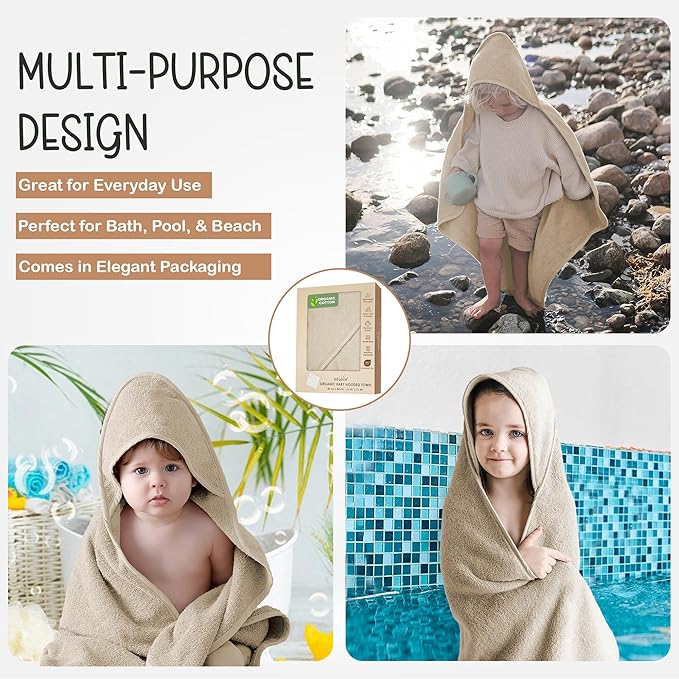 100% Organic Cotton Plush Woven Hooded Baby Bath Towels - Soft and Absorbent 31x31 Inches for Newborns and Kids, Hooded Baby Towels, Premium Infant Towels (Ivory)