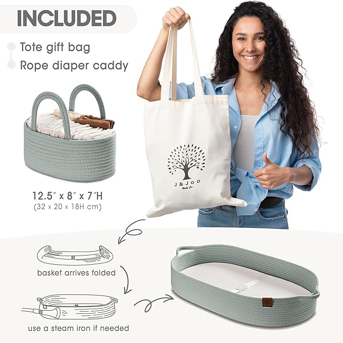 Baby Changing Basket Includes Diaper Caddy - Soft & Waterproof Dual-Cover, Portable, Changing Pad for Dresser & Changing Table, Gift for Baby Shower, Organic Cotton Rope