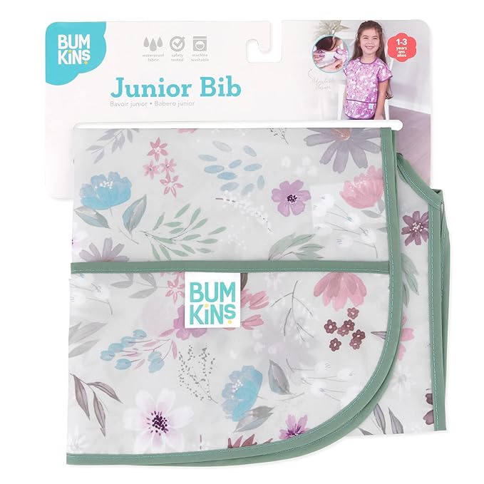 Bumkins Short Sleeve Bib for Girl or Boy, Toddler and Kids for 1-3 Years, Large Size, Essential Must Have for Junior Children, Eating, Mess Saving Soft Fabric Apron for Play, Floral Gray