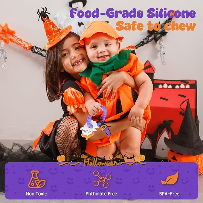Halloween Baby Teething Toys – Ghost & Pumpkin Man Silicone Teethers for Infant Sensory Toys 0-12months, Infants & Toddlers,Sensory Chew Bracelet for Teething Relief,Halloween Basket Stuffers