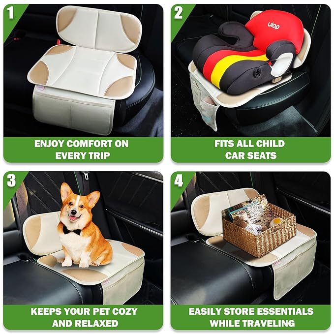 Siivton Car Seat Protector for Kids, Anti-Slip Design, Thick Padding, Prevents Seat Marks, 2 Storage Pockets for Toys & Snacks, Fits Most Cars, Black (Beige, 1 Pack)
