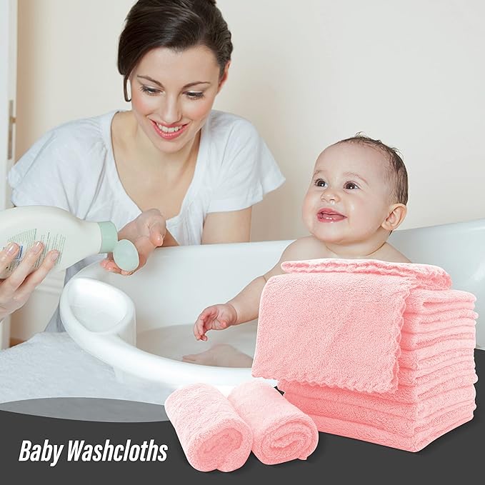 Sunny zzzZZ Ultra Soft 24 Pack Baby Washcloths - 10x10 Inches - Coral Fleece Extra Absorbent Wash Clothes for Babies, Infants and Toddlers - Sensitive Skin and Newborn - Ideal Baby - Pink