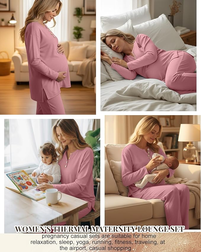 2 Piece Thermal Maternity Lounge Set Postpartum Pregnancy Fleece Loungewear Long Sleeve Top and Wide Leg Pant