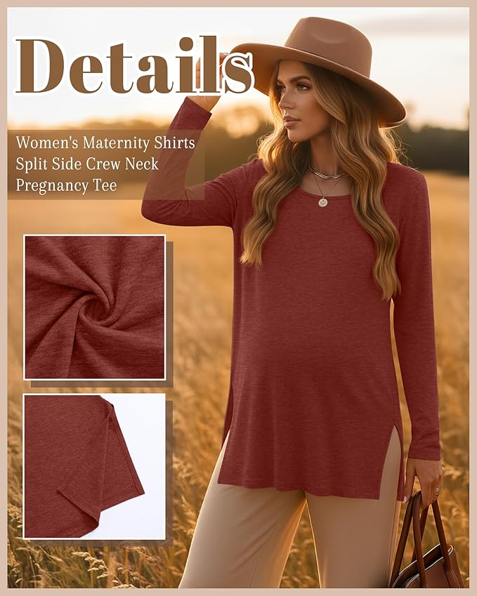 Riyiper 3 Pack Women's Maternity Long Sleeve T-Shirts Round Neck Side Split Tops Loose Casual Pregnancy Mama Clothes Fall