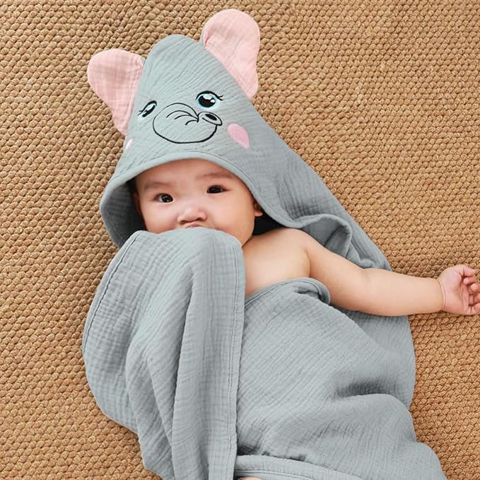 FIOBEE Hooded Baby Towels 100% Muslin Baby Bath Towels for Newborn with Animal Design Ultra-Soft and Absorbent Bath Essentials for Toddler, Unisex Girls Boys 30 x 30 inch, Gray Elephant