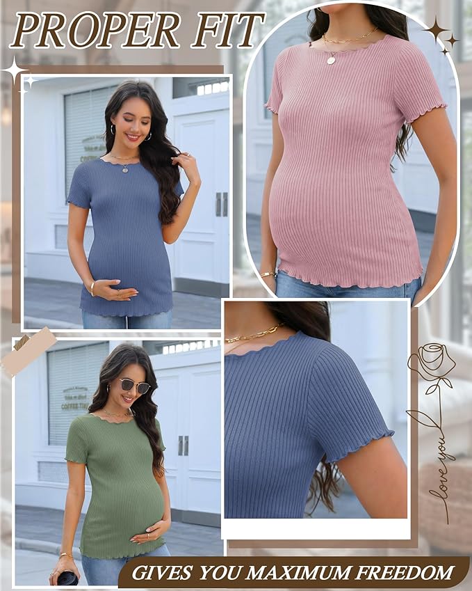 3 Pack Women's Maternity Ribbed Shirts Cotton Short Sleeve Pregnancy Tops Boat Neck Lettuce Trim Mama Clothes