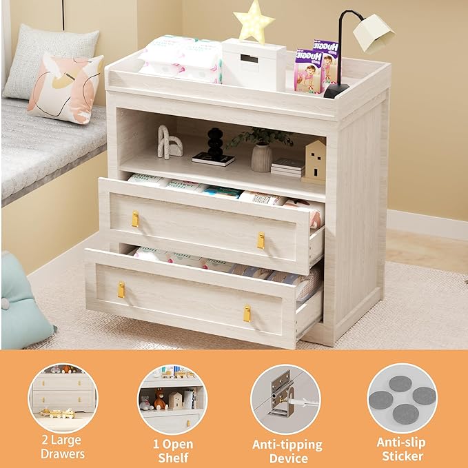 Baby Dresser Changing Table with 2 Drawers 35.4" Changing Table Dresser with Changing Table Top and 1 Open Shelf Diaper Changing Station with Storage for Nursery Children's Room Beige