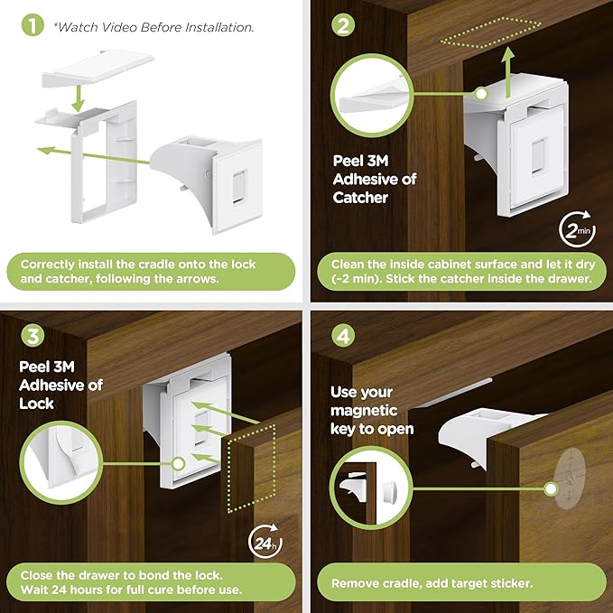 SKYLA HOMES Magnetic Cabinet Locks Baby Proofing Child Safety - The Safest Quickest and Easiest Multi-Purpose 3M Adhesive Child Proof Latches, No Screws or Tools Needed (20 Pack)