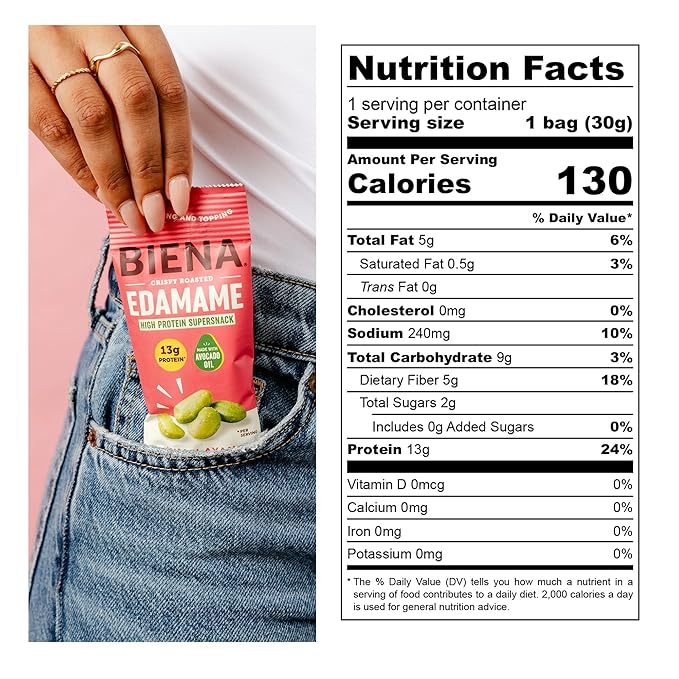 Biena Crispy Roasted Edamame Beans Snack – High Protein Low Carb Snack for Adults & Kids, 13g Protein per Serving - Made w/Avocado Oil – Vegan, Gluten-Free – 10-Pack, 1.05oz Bags, Himalayan Pink Salt