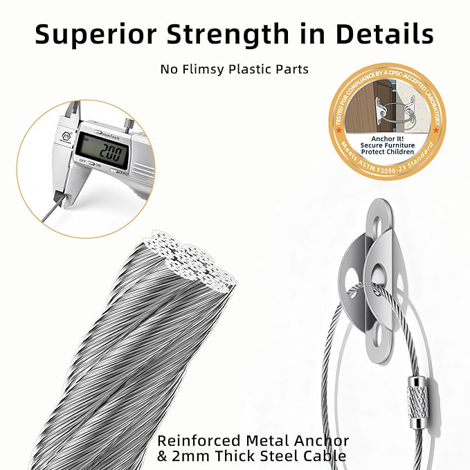 Furniture Anchors 10-Pack, Anti Tip Furniture Anchors for Baby Proofing, Extra-Strong Metal Wall Anchor Straps with Steel Cable to Secure Dresser, Bookcase, Wardrobe & Cabinet, Silver