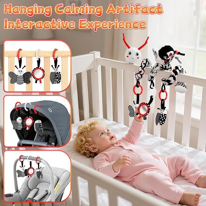 High Contrast Baby Toys for Newborn, Black and White Baby Sensory Toys 0-12 Months with Car Seat Toys & Soft Plush Toy, Activity Hanging Toys Velcro for Stroller Toys Baby Gifts
