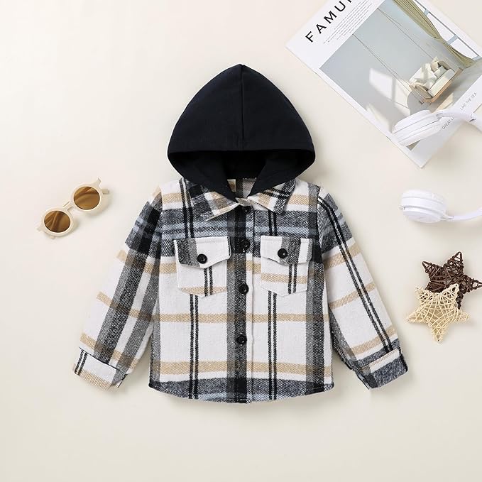 YOUNGER STAR Toddler Kids Boys Girls Flannel Hooded Plaid Shirt Button Baby Red Clothes