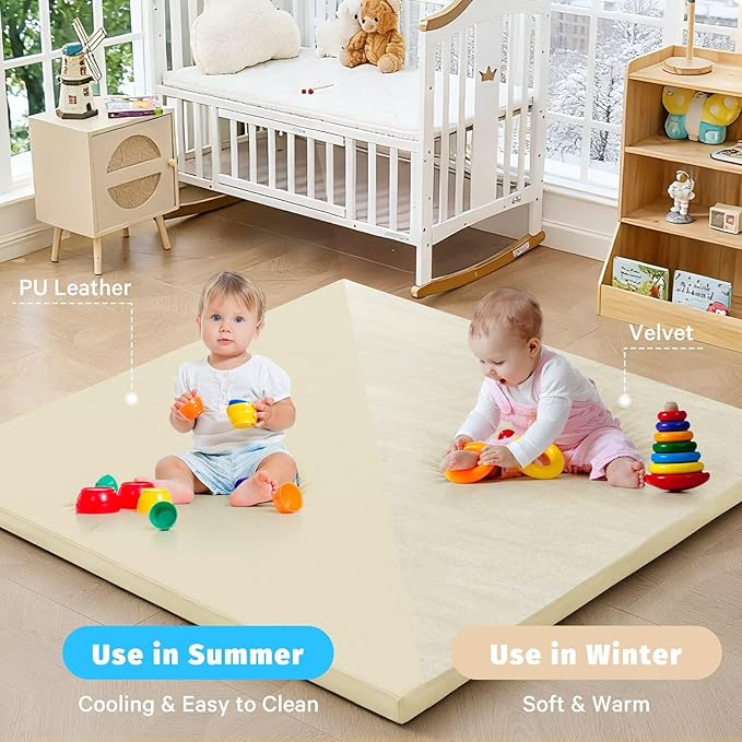 Waterproof Baby Play Mat for Floor 1.3"Thick Memory Foam 59*59 Cushion Playpen Playmat Tummy Time Crawling Mat Nursery Rug Pad Mattress Create Soft & Safe Area for Infants,Toddler,Kids,Beige