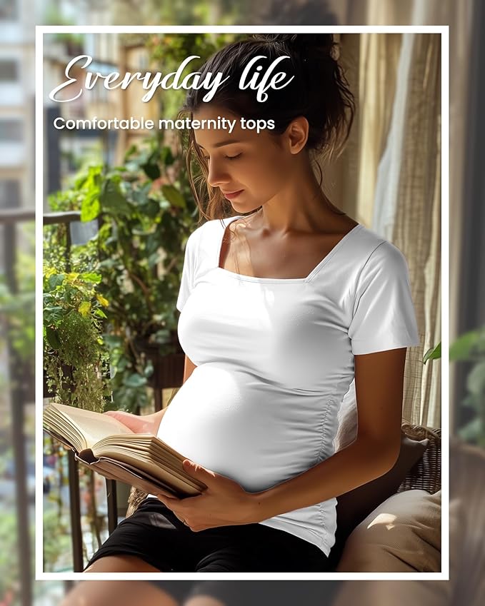 4 Pack Women's Maternity Shirts Cotton Square Neck Pregnancy Tops Side Ruched Summer Short Sleeve Tees Multipack