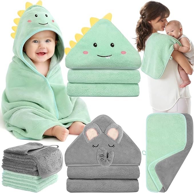 12 Pcs Baby Towel Set, Soft Baby Bath Towels and Washcloths Set, 2 Pcs Hooded Baby Towel, 2 Pcs Baby Burp Cloths and 8 Pcs Baby Washcloths for Infants, Toddlers and Kids (Dinosaurs & Elephants)