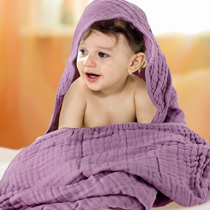 Peryiter 4 Pcs Muslin Hooded Baby Towels 32x32inch Cotton Newborn Bath Essentials Muslin Infant Blankets Absorbent Registry Baby Shower Present for Babies Girl Boy Kids (Purple Series)