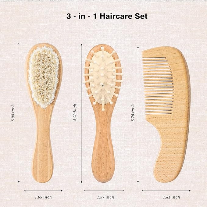 Wooden Baby Brush and Comb Set 3-Piece Beech Wood Flat Comb, Basswood Brushes with Soft Wool Bristles & Bamboo-Air Cushion Comb - Gentle Ideal Baby Gift