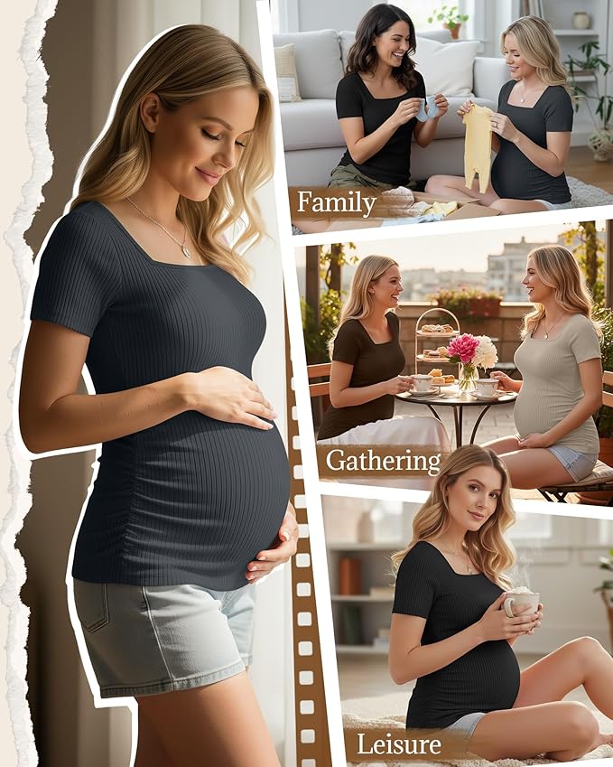 Huukeay 4 Pack Women's Maternity Shirts Cotton Ribbed Short Sleeve Square Neck Pregnancy Tops Side Ruched Summer Tee