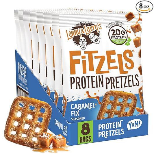 Lenny & Larry's FITZELS Protein Pretzels [Caramel Fix] – 8 x 3oz Bags of High Protein Snacks with 20g Plant Based Protein – Vegan Snack – Incredibly Tasty with Salty Crunch