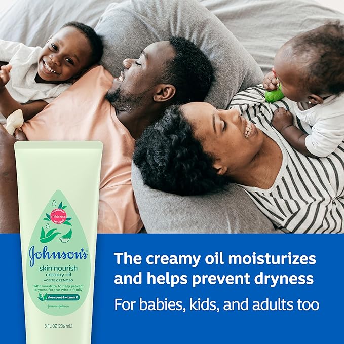 Johnson's Skin Nourish Creamy Oil, Aloe Scent & Vitamin E, Creamy Oil Helps Prevent Dryness & Moisturizes Baby's Delicate Skin for 24 Hours, Hypoallergenic & Non-Greasy, 8 fl. oz