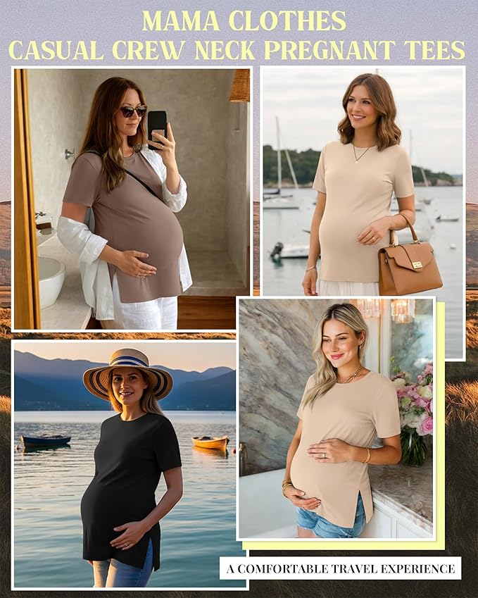 Ficerd 3 Pack Women's Maternity T Shirts, Short Sleeve Side Split Pregnancy Tops Casual Crew Neck Pregnant Tees Mama Clothes