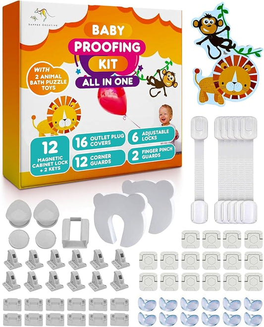 Child Safety Kit - 67 Pack Baby Proofing Essentials | Magnetic Cabinet Locks, Power Point Outlet Covers, Clear Corner Protectors, Strap Locks, Finger Pinch Guards | Bonus Bath Toys