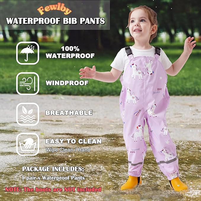 Toddler Waterproof Rain Bib Pants, Girls Rain Pants Kids Cartoon Rain Trousers Lightweight Mud Pants Rainwear