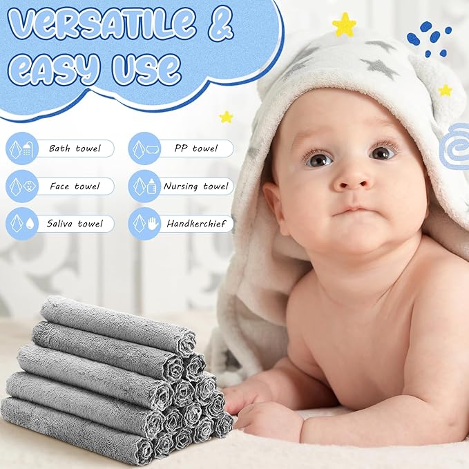 Handepo 100 Pack Baby Washcloths Bulk 10 x 10 Inch Microfiber Coral Fleece Baby Face Towels Absorbent and Soft Wash Cloths for Newborns Infants and Toddlers (Grey)
