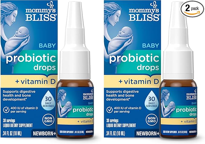 Mommy's Bliss Baby Probiotic Drops + Vitamin D, Supports Digestive Health and Immunity, 400IU Vitamin D for Healthy Bone Development, Newborns +, Flavorless, 0.34 Fl Oz (30 Servings) (Pack of 2)
