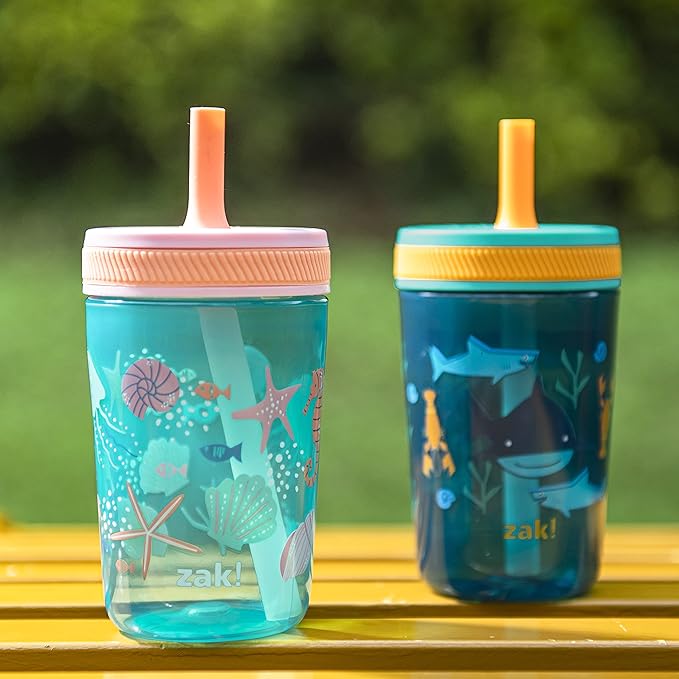 Zak Designs Kelso 15 oz Tumbler Set, (Shells) Leak-Proof Screw-On Lid with Straw Made of Durable Plastic and Silicone, Perfect Cup Bundle for Kids (2pc Set)