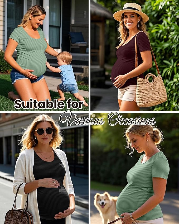 Neer 3 Pack Women's Ribbed Maternity Tops Pregnancy Round Neck Shirts Short Sleeve Soft Maternity Clothes for Mama