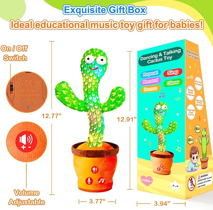 Baby Toys Interactive, Dancing Talking Cactus Toy Volume Adjustable, Mimicking Singing Repeating, Toddler Infant Baby Toys Gifts for Boys Girls, Valentine Gifts for Kids Baby Todder