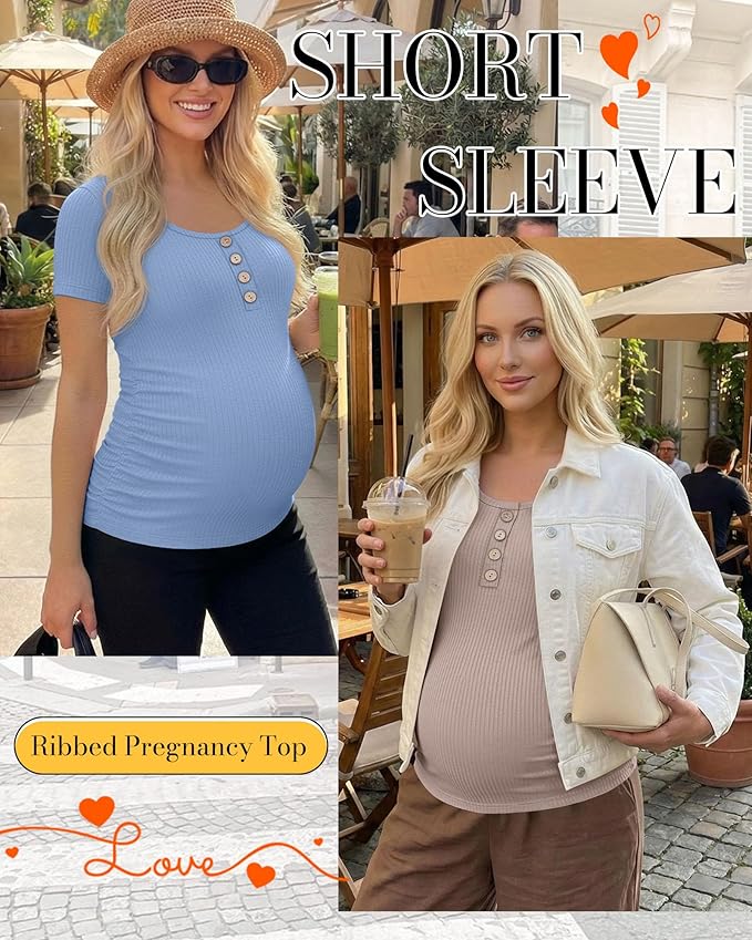 4 Pack Womens Maternity Shirts Scoop Neck Cotton Short Sleeve Ribbed Pregnancy Top Henley Side Ruched Mama Clothes