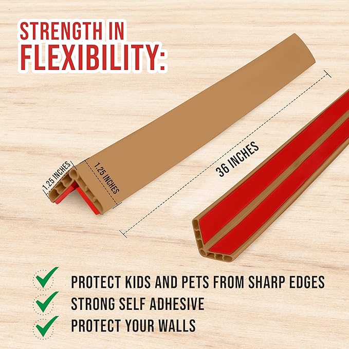 Rubber Bond Wall Corner Guard Edge Protector, 1x1x36 inch Baby Proofing Corner Guards | Self-Adhesive Furniture Edge Strips for Home & Office (5 Pack, Brown)