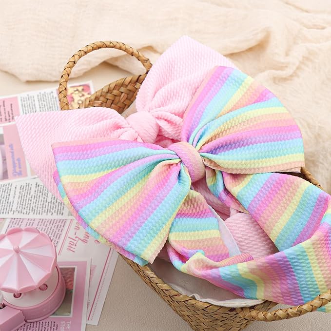 Rainbow Headbands for Baby Girls Hair Bows 2pcs Newborn Infant Toddler Kids Hair Accessories Pink Head Bow Colorful Stripes