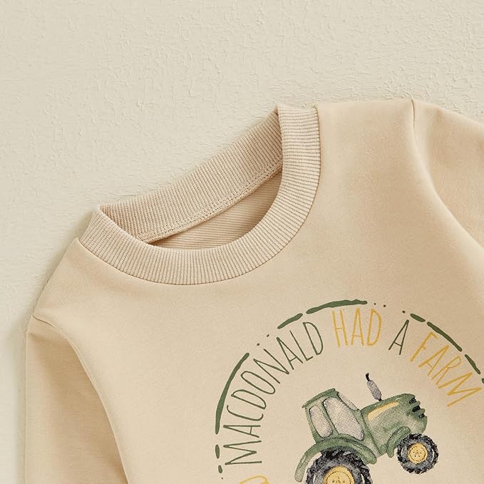 FOCUSNORM Toddler Baby Boy Fall Winter Outfit Excavator Embroidered Long Sleeve Sweatshirt Elastic Jogger Pant 2 Pcs Clothes