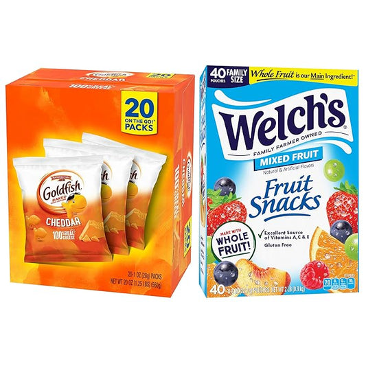 Goldfish and Welch’s Fruit Snacks for Back to School, 1 Box of Goldfish Cheddar Cheese Cracker Packs (20 Count) and 1 Box of Welch’s Mixed Fruit Snack Packs (40 Count)